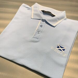 Vintage James Pringle WeaversLight Blue Pique Polo-Edinburgh Embroidery Size M